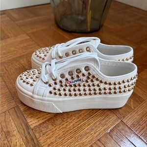 Superga Women's White Sneakers with Gold Studs